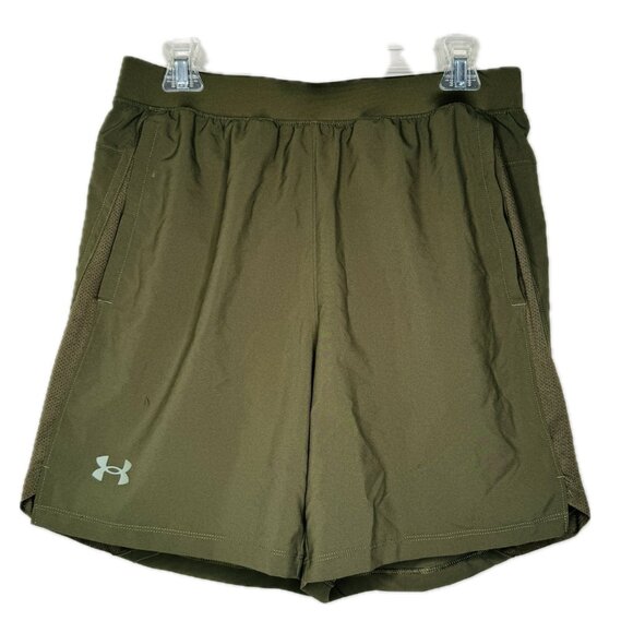 Under Armour Fitted Mens Large Green Running Shorts with Liner Drawstring Pull O - Picture 1 of 10